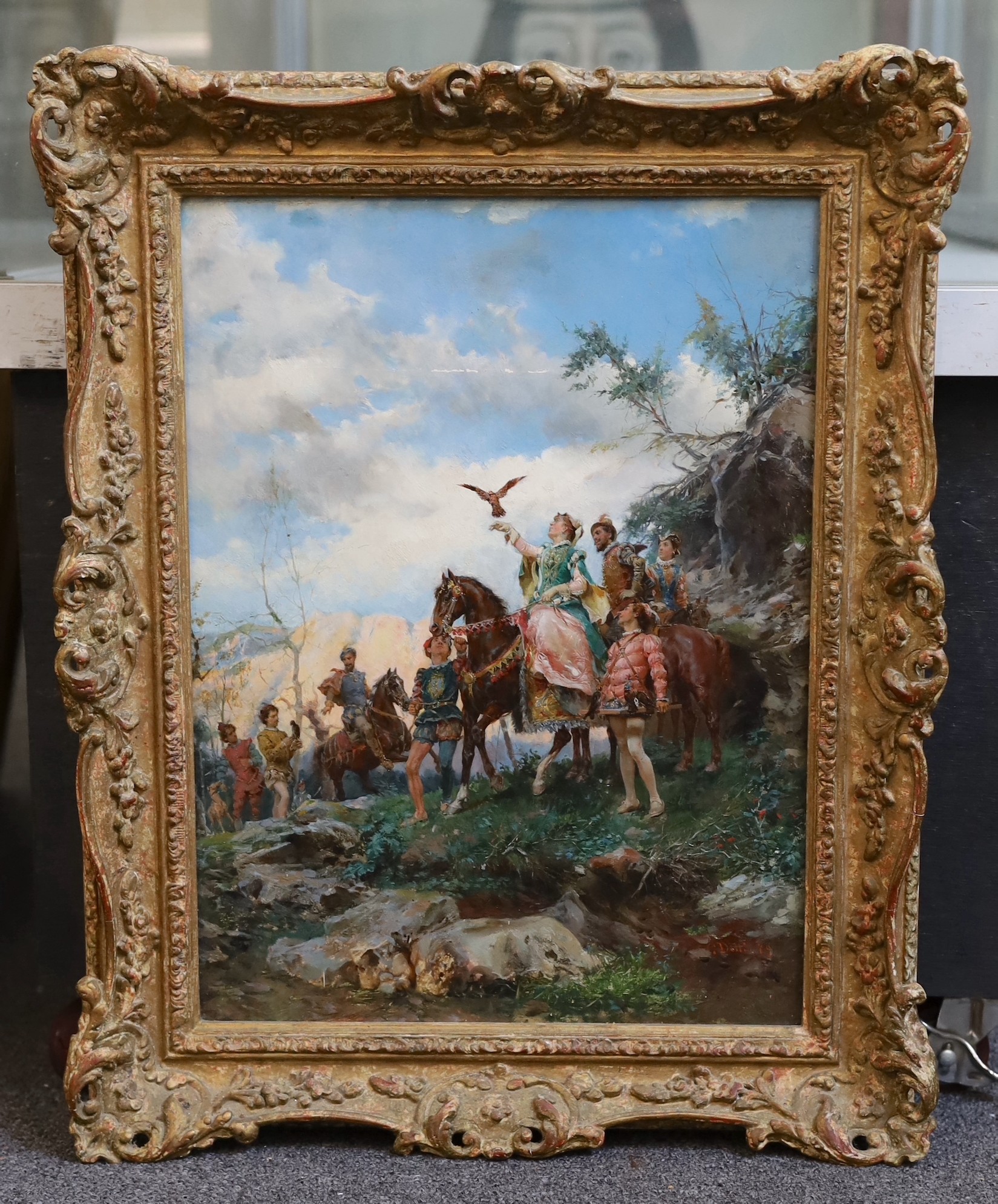 Cesare Auguste Detti (Italian, 1847-1914), The Hawking Party, oil on wooden panel, 40 x 29cm